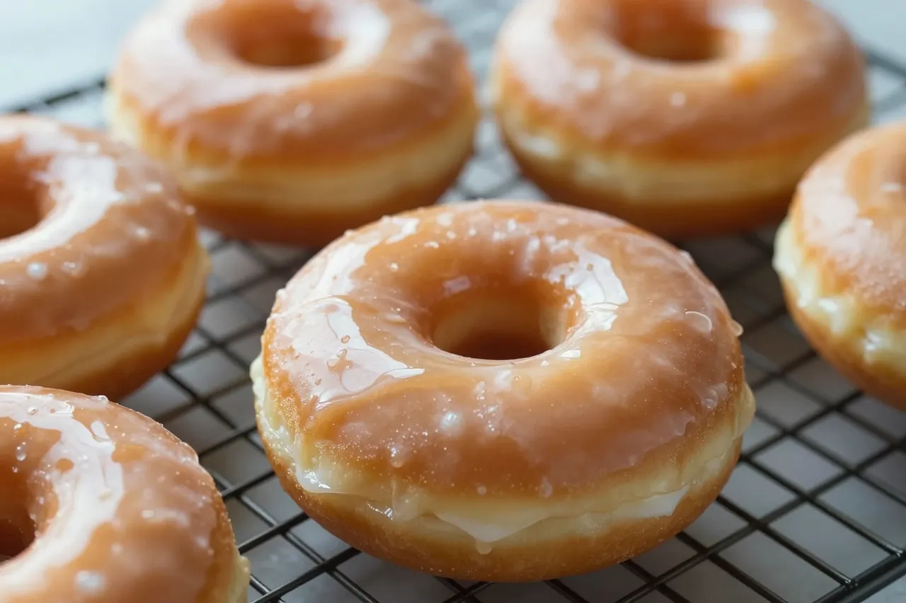 Close-up of fresh glossy sugar-glazed donuts arranged on a black wire cooling rack