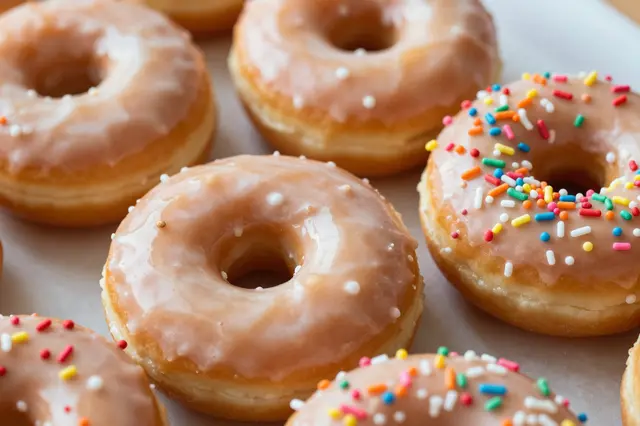 A close-up of freshly made glazed donuts, some topped with bright multicolored sprinkles, arranged on parchment paper
