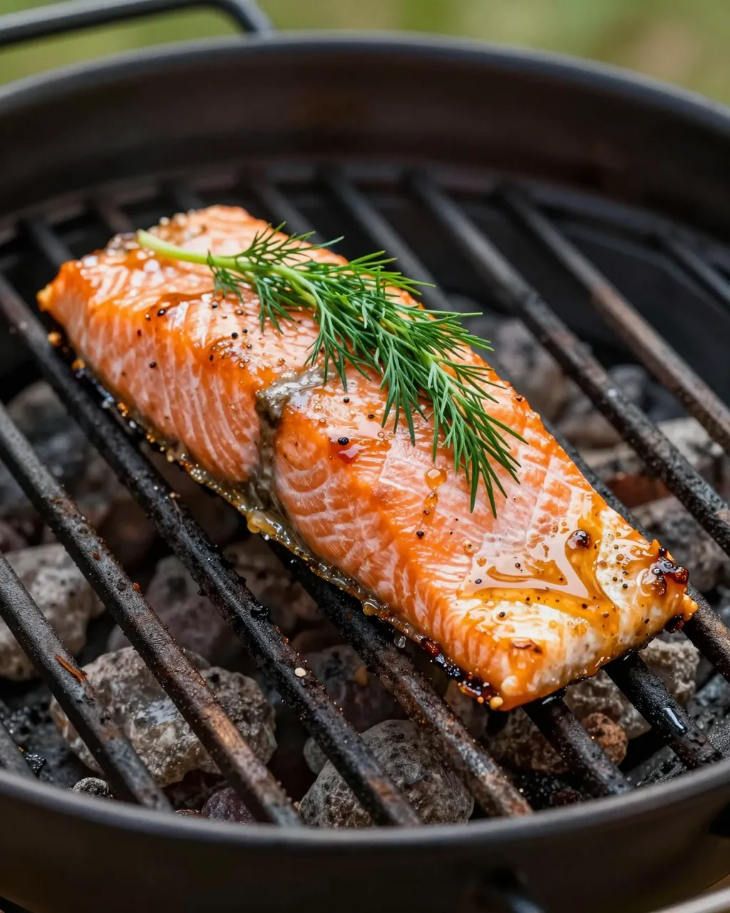 Maple glazed salmon fillet topped with fresh dill cooks on a charcoal grill grate