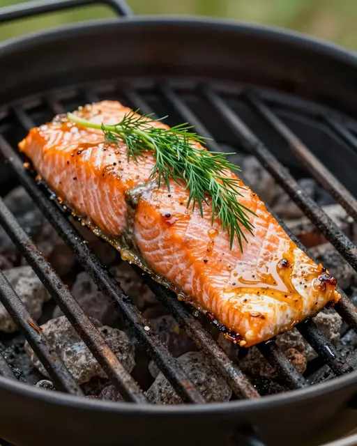 Maple glazed salmon fillet topped with fresh dill cooks on a charcoal grill grate