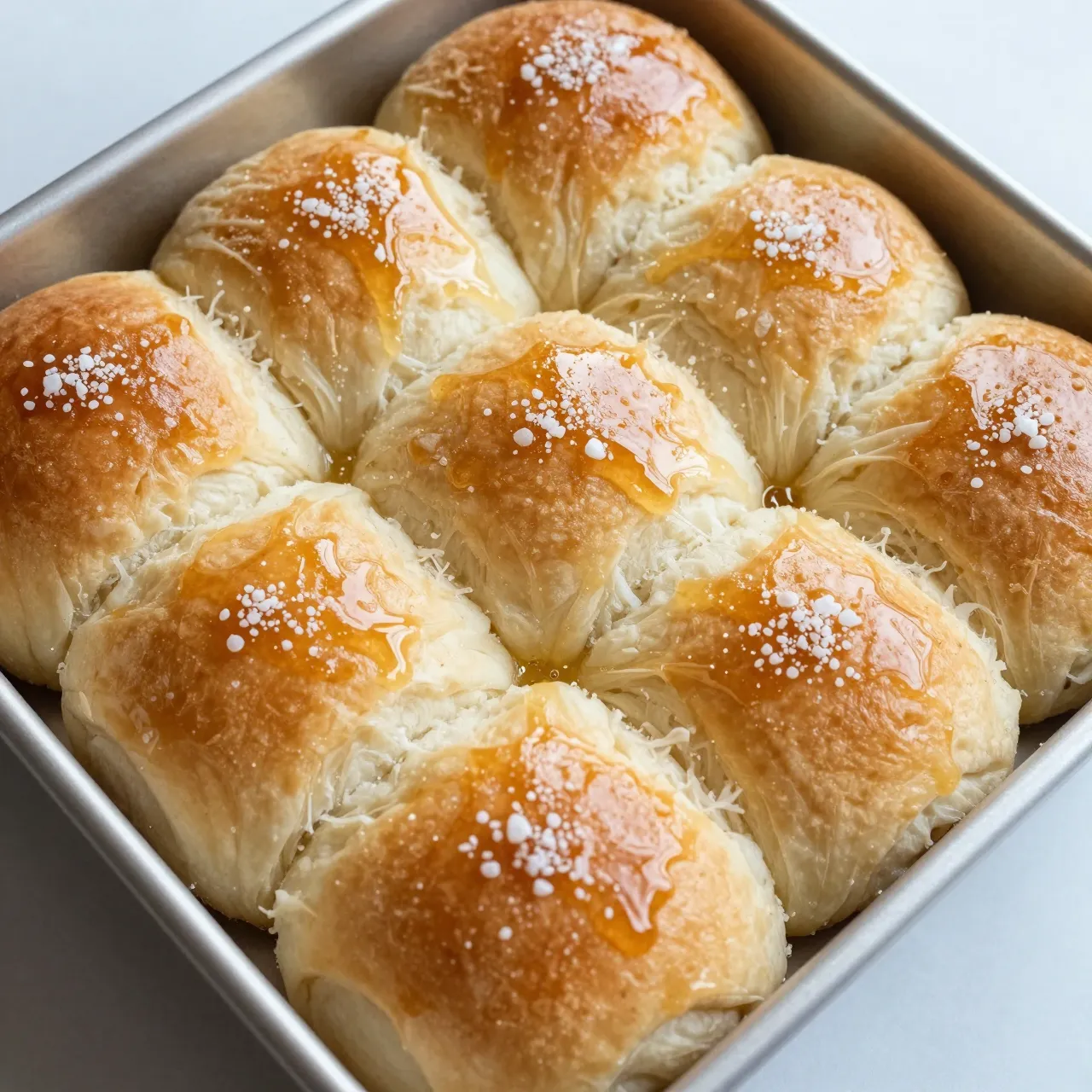 Overhead close-up of fluffy glazed dinner rolls dusted with salt in a square metal baking pan.