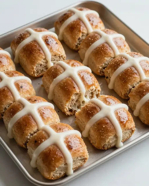 Iced glazed hot cross buns arranged on a metal baking tray on a light countertop