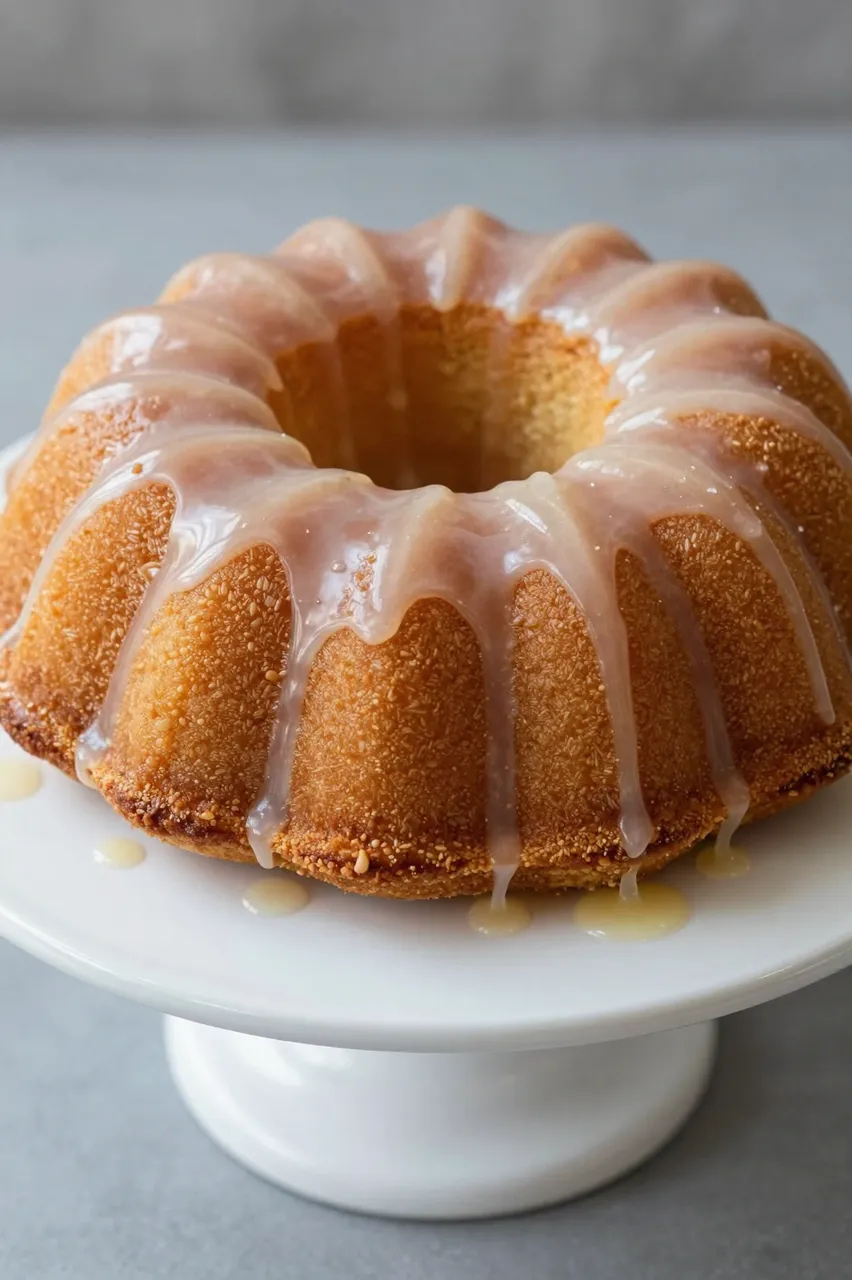 Glazed bundt cake with dripping icing sits on a white ceramic cake stand