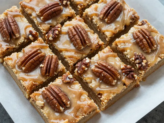 Overhead view of square maple pecan blondie bars with glossy glaze and pecans on parchment paper