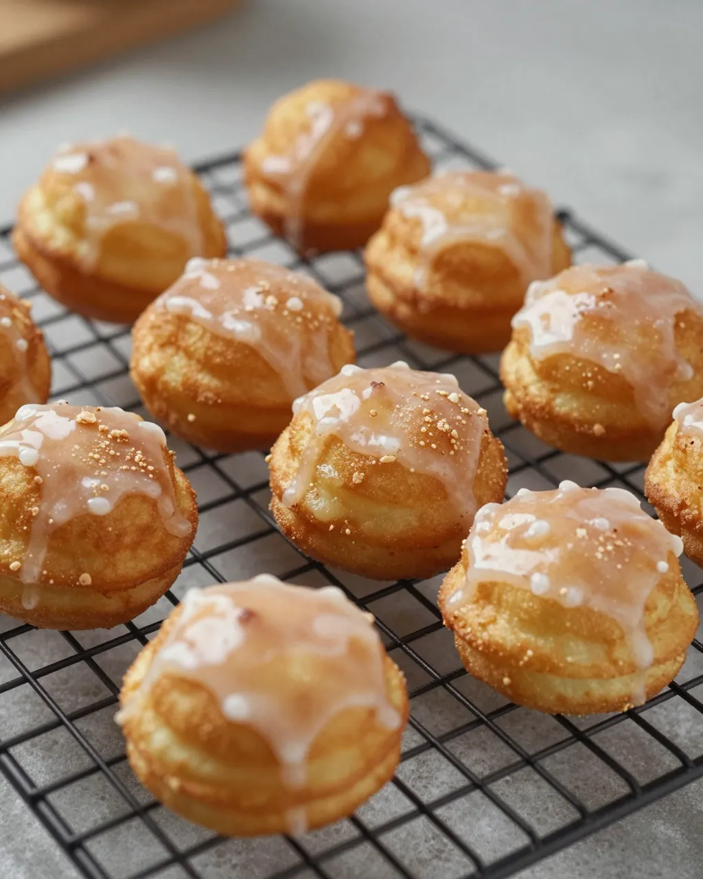 Iced glazed fritters rest on a black wire cooling rack atop a light gray countertop