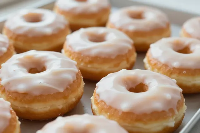 Fresh vanilla glazed cake donuts arranged closely on a metal baking tray with soft natural lighting.
