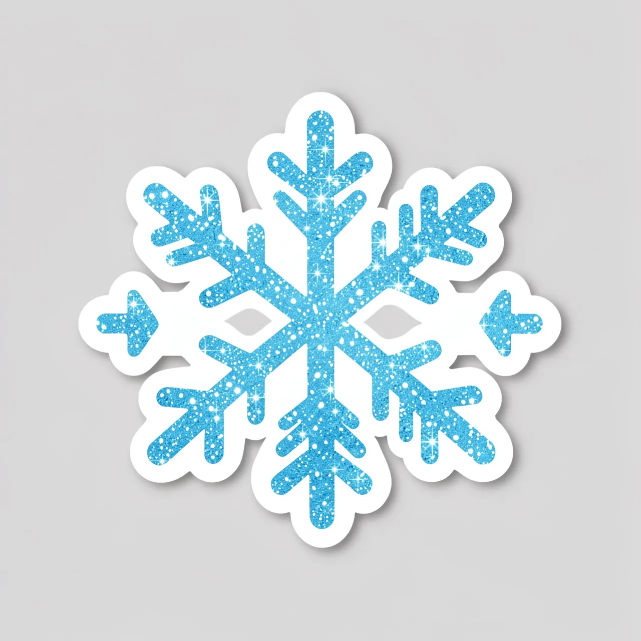 Sparkling ice-blue glitter snowflake sticker with a thick white border on a plain light gray background