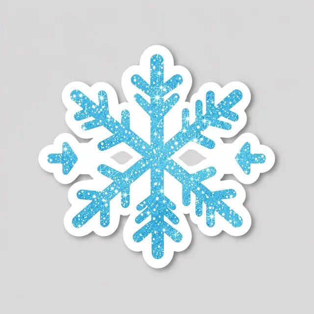 Sparkling ice-blue glitter snowflake sticker with a thick white border on a plain light gray background