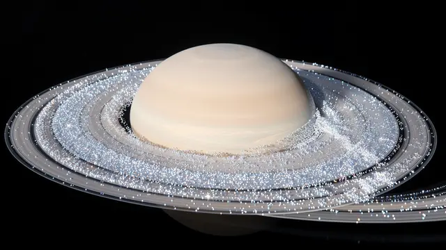 Close-up view of Saturn surrounded by shimmering, glittering ice ring particles against black space