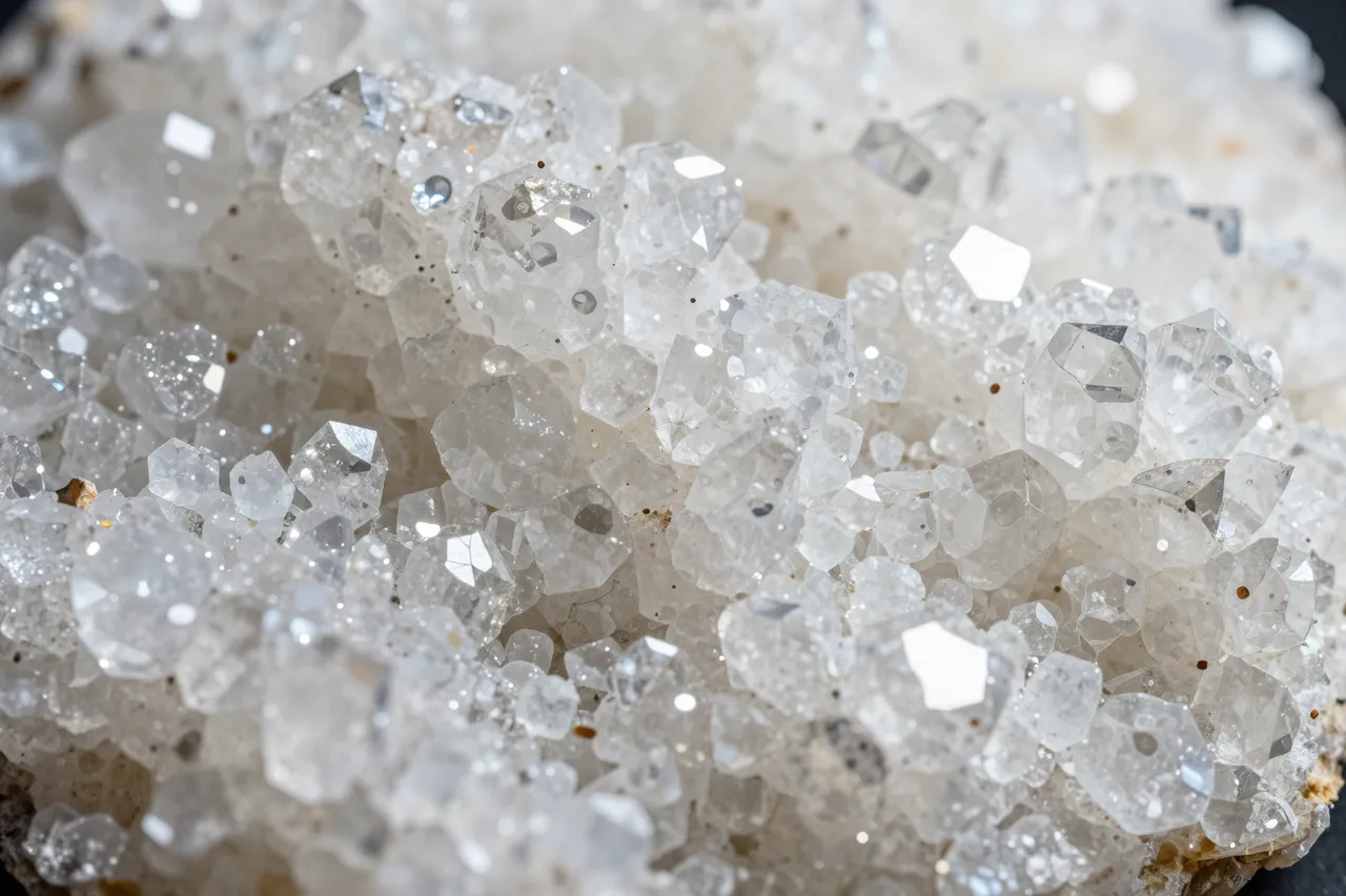 Close-up of a dense cluster of faceted clear and white crystalline mineral formations sparkling with light reflections