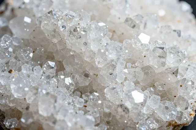 Close-up of a dense cluster of faceted clear and white crystalline mineral formations sparkling with light reflections
