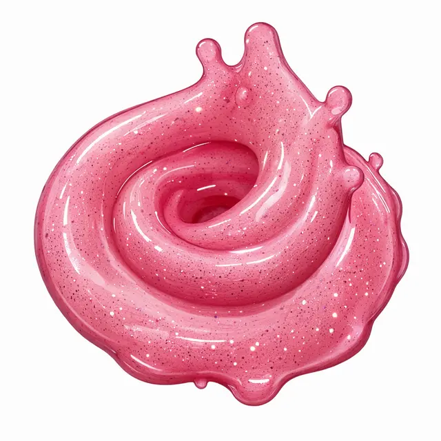 A glossy, glitter-speckled swirl of pink sauce against a plain transparent background