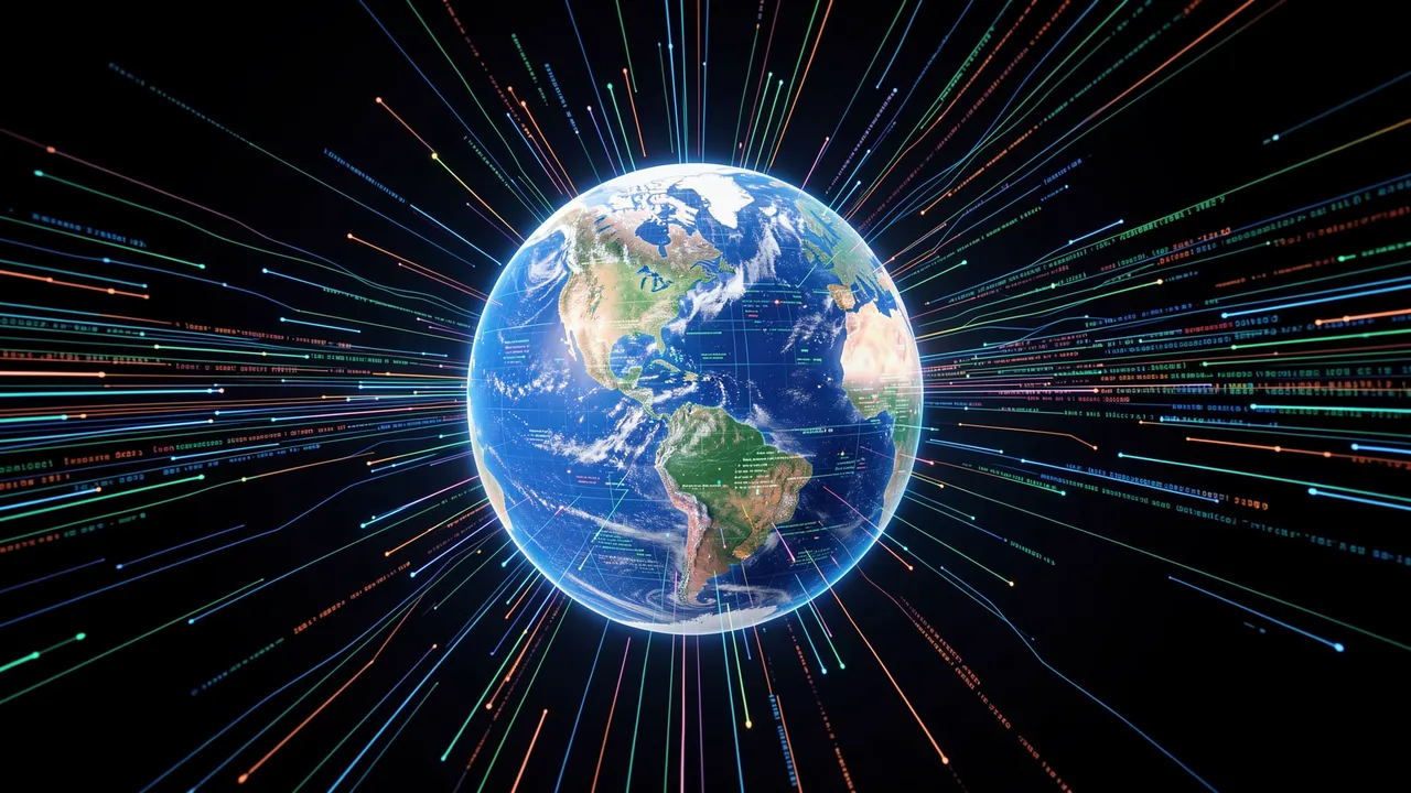 Glowing digital globe of Earth sits surrounded by radiating colored data streams against a black background