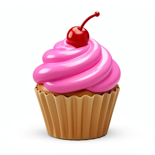 Shiny 3D cupcake with swirled pink frosting and a cherry on top sits against a plain white background