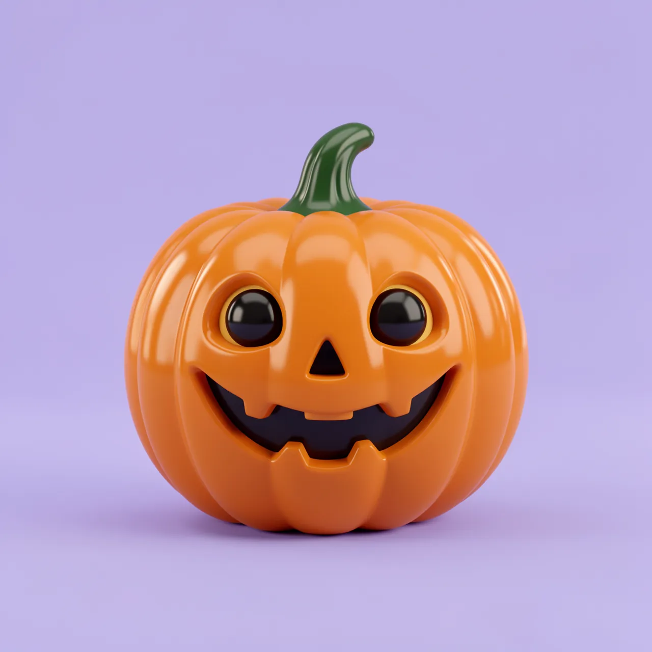 A glossy smiling 3D jack-o'-lantern sits against a soft lilac background.