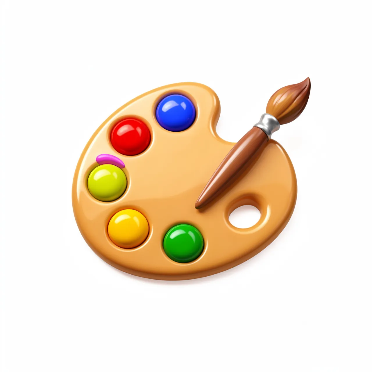 Shiny 3D paint palette with bright color dabs and a small paintbrush rests on a plain white background