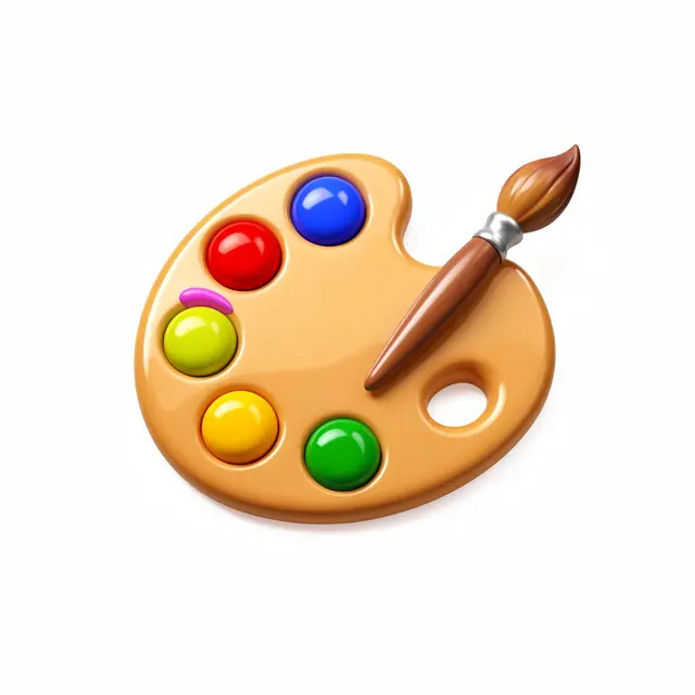 Shiny 3D paint palette with bright color dabs and a small paintbrush rests on a plain white background