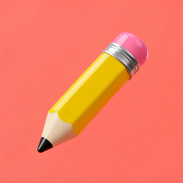 A glossy yellow 3D pencil with a pink eraser sits against a solid coral background