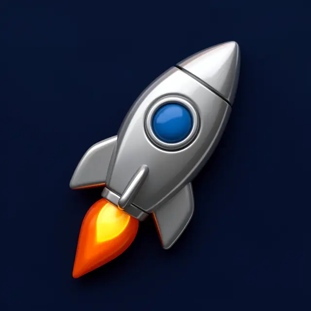 Shiny metallic 3D rocket icon with a round blue window and orange flame on a solid navy background