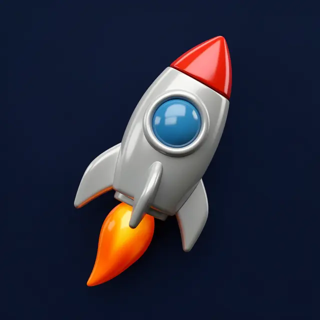 Shiny 3D rocket icon with a round window and orange flame set against a dark navy background