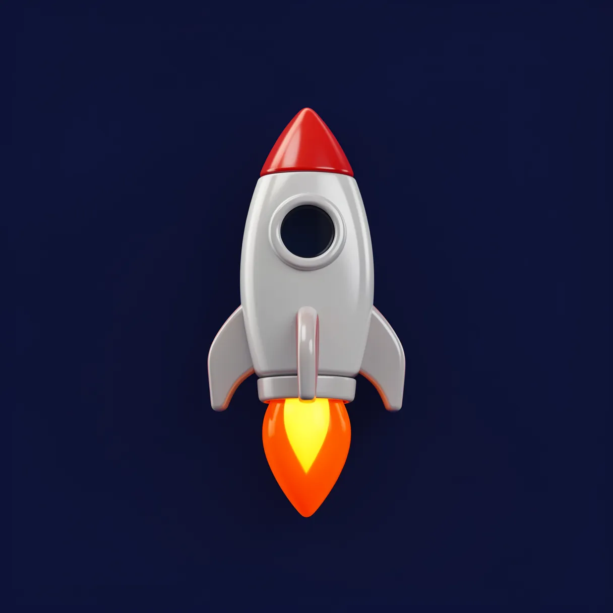 Shiny cartoon-style 3D rocket with a round window and orange flame sits against a solid navy background