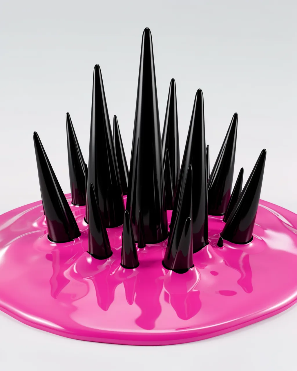 3D render of sharp glossy black spikes rising from a pool of bright pink glossy liquid