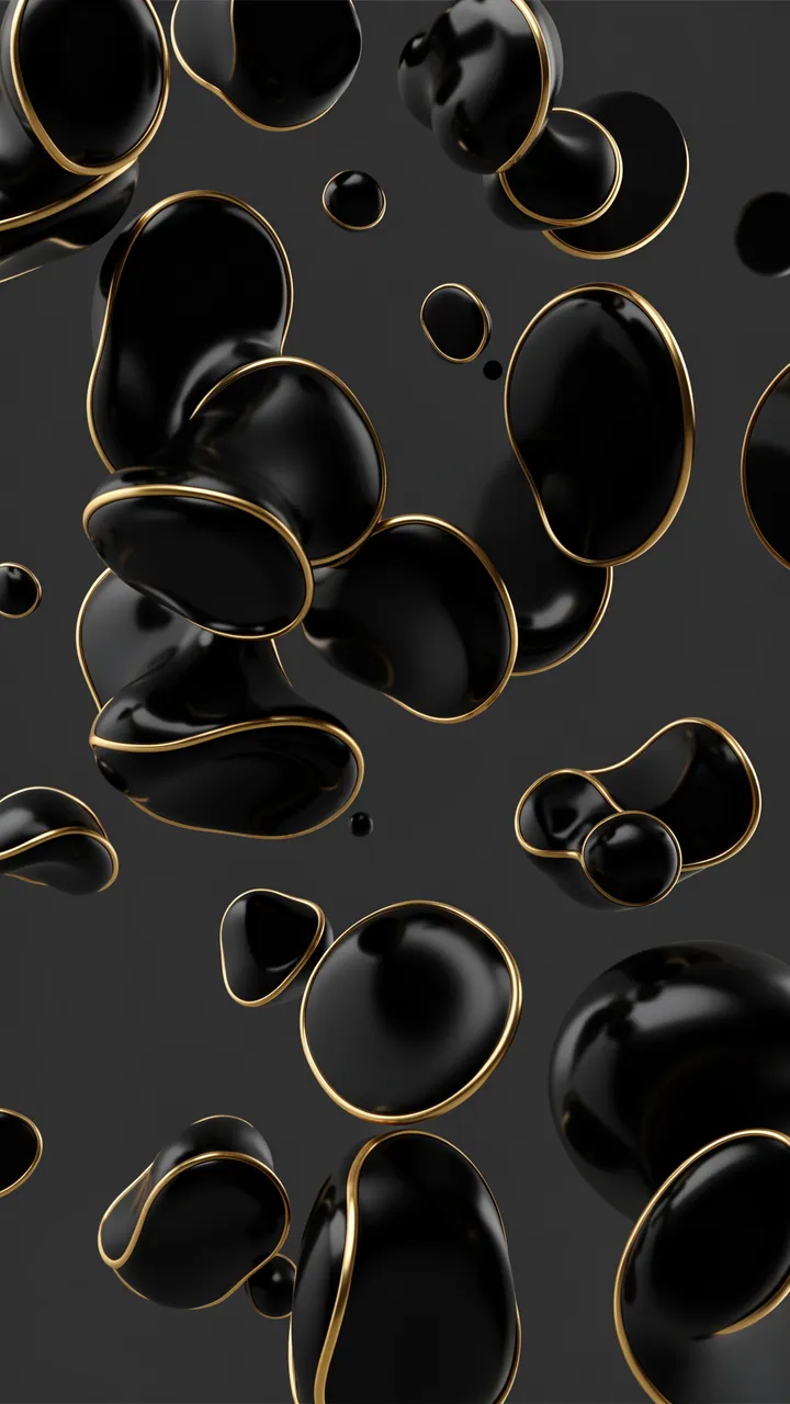 Floating glossy black 3D blobs with thin gold rims against a dark charcoal background