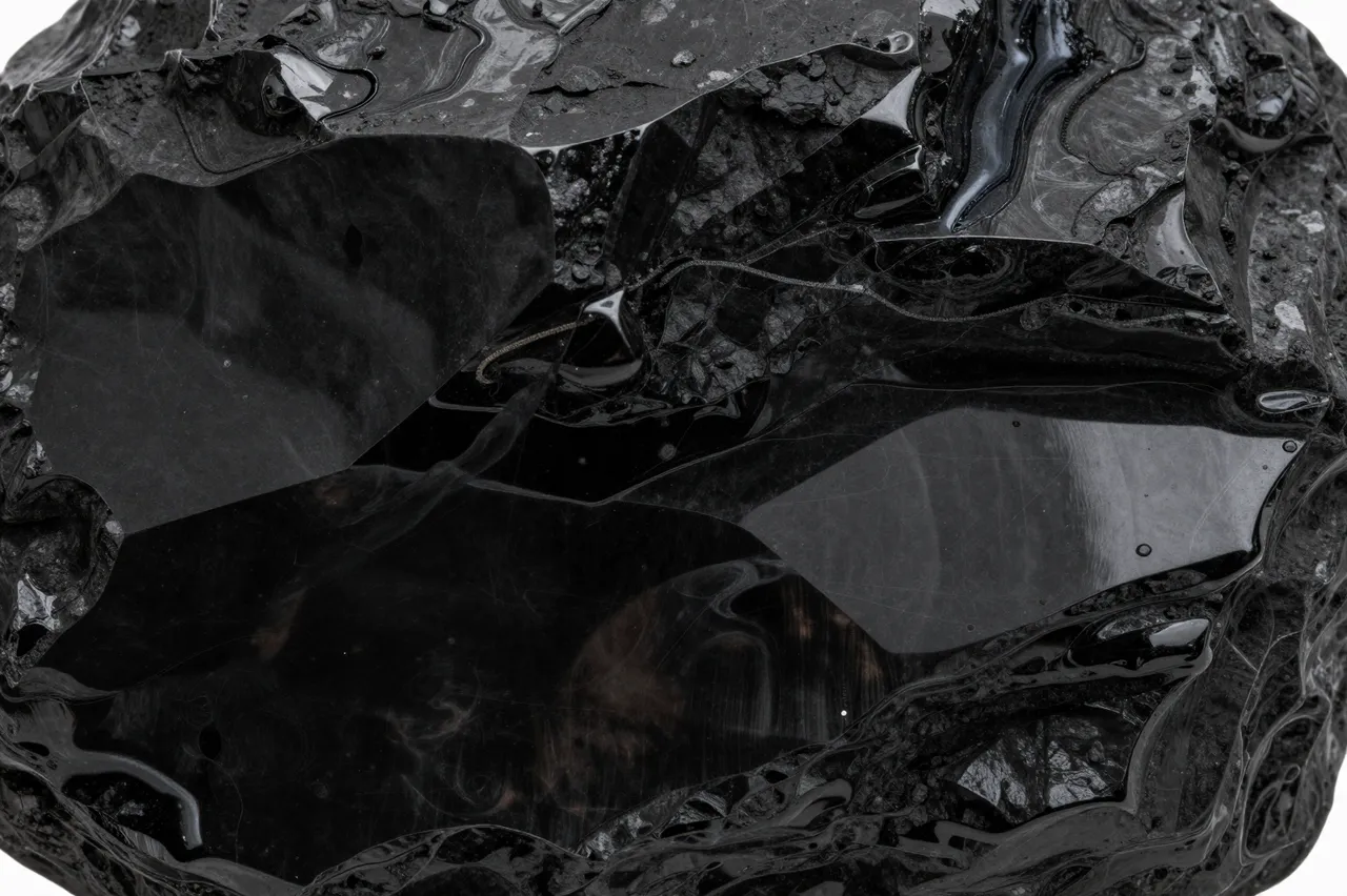Full frame close-up of glossy black obsidian with smooth curved shell-like fracture ripples
