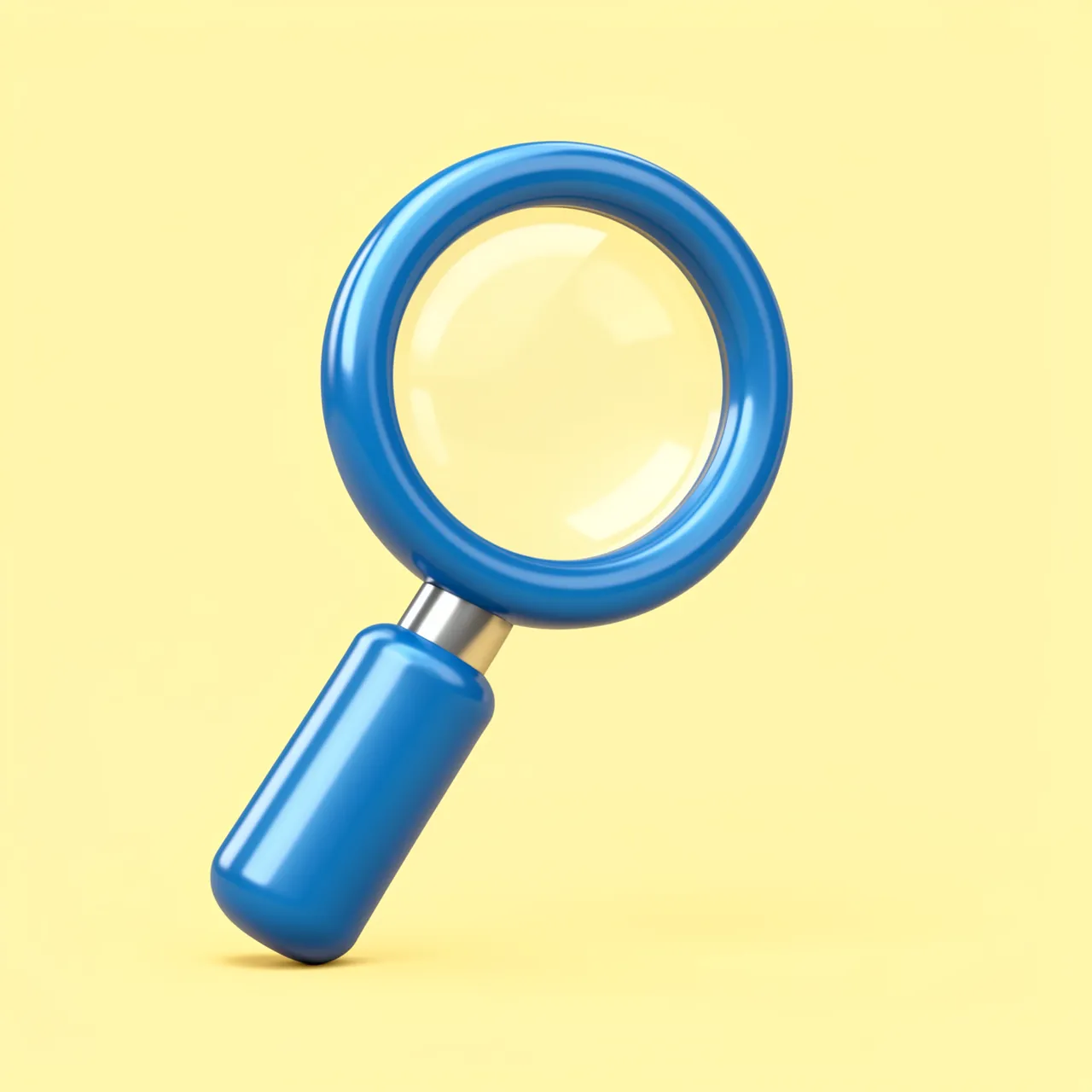 A glossy 3D magnifying glass with a chunky blue handle sits against a pale yellow background