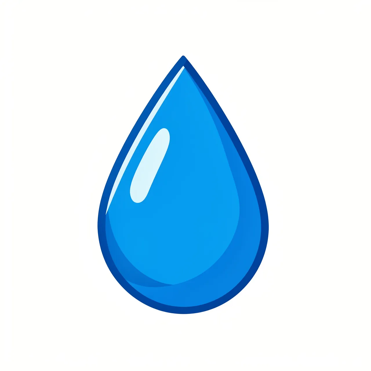 Flat illustration of a single glossy blue raindrop with a curved highlight on a plain white background