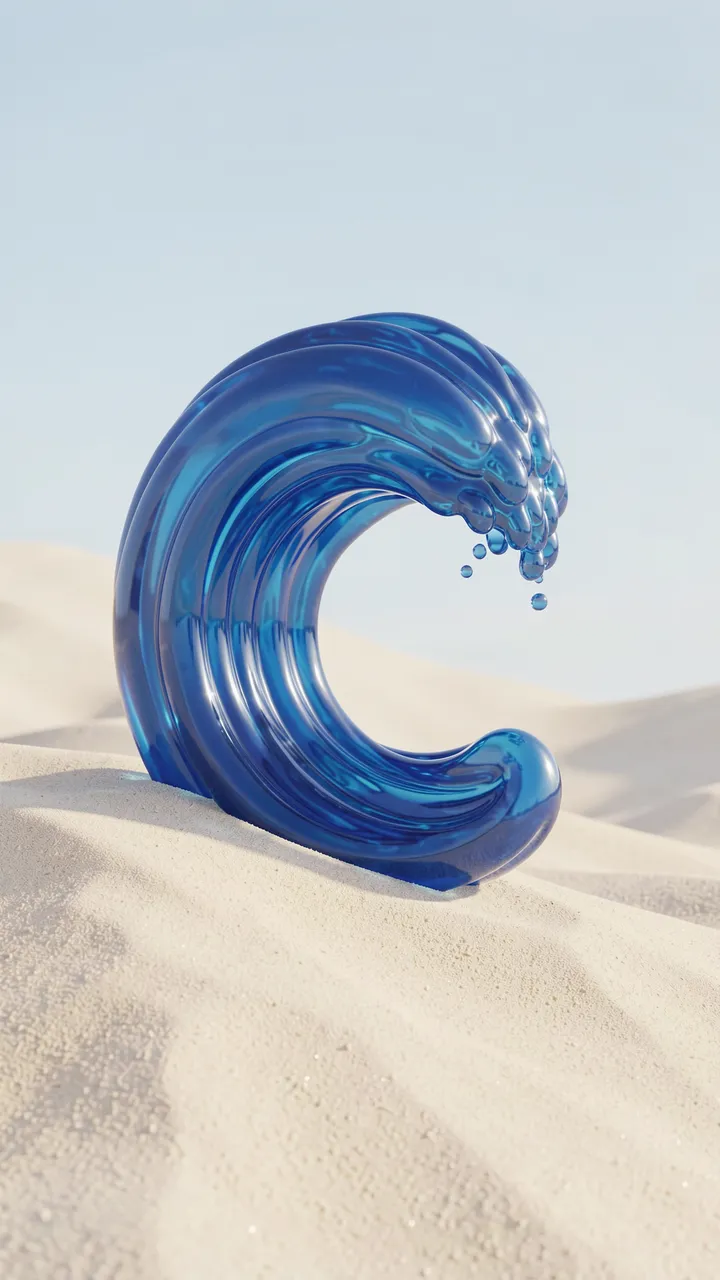 A glossy curled blue 3D wave sculpture sits frozen atop pale sand under a soft pale sky