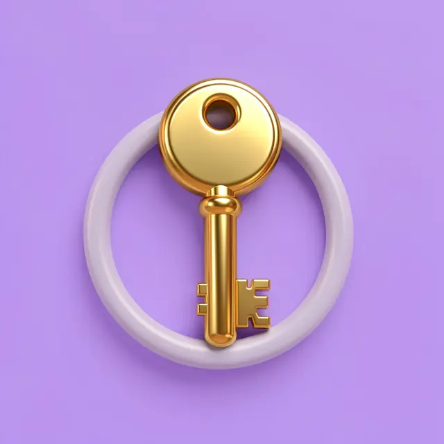 A shiny 3D brass house key rests on a pale ring against a solid lavender background