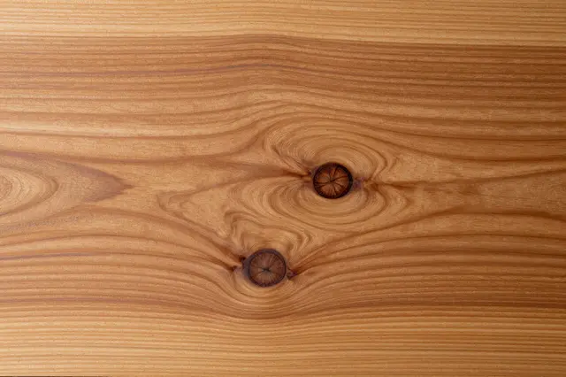 Close-up full frame of a smooth glossy burl wood panel with two distinct dark knots and flowing grain lines