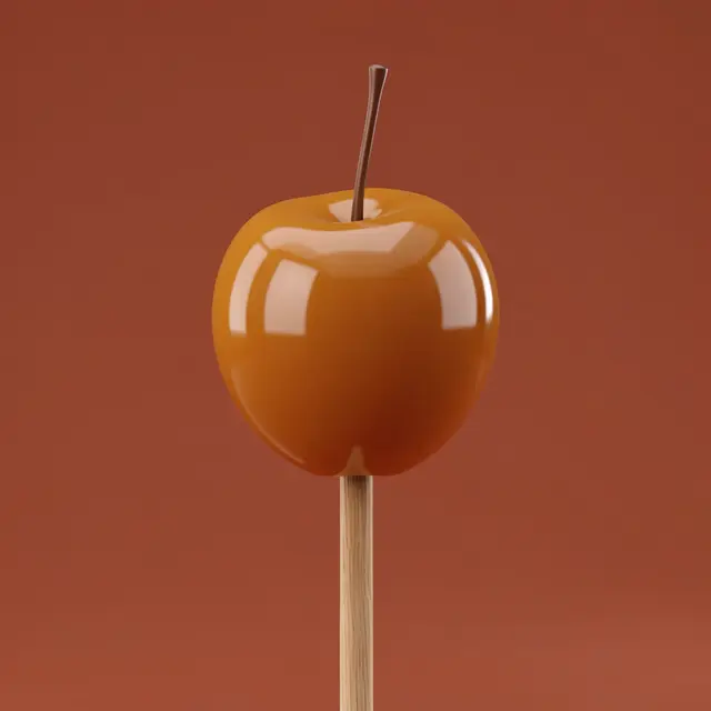 A glossy 3D rendered caramel apple on a wooden stick against a soft rust brown background