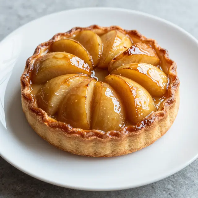 A golden tarte tatin with glossy caramelized apple slices sits on a white plate