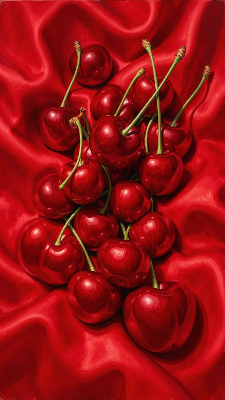 A vertical painted still life of glossy red cherries resting on draped red silk fabric