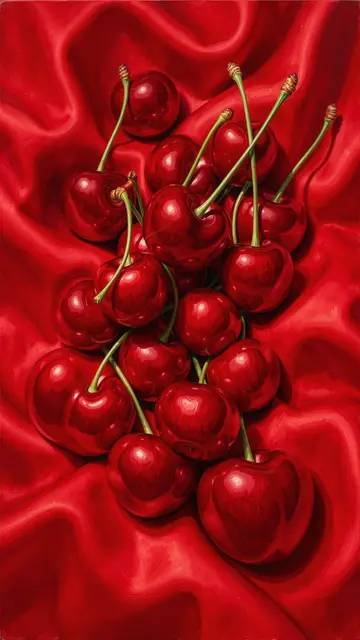 A vertical painted still life of glossy red cherries resting on draped red silk fabric