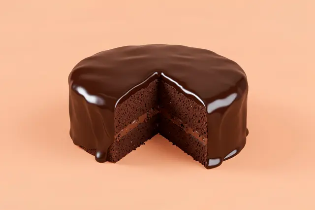 3D render of a glossy chocolate layer cake with a missing slice set against a soft peach background