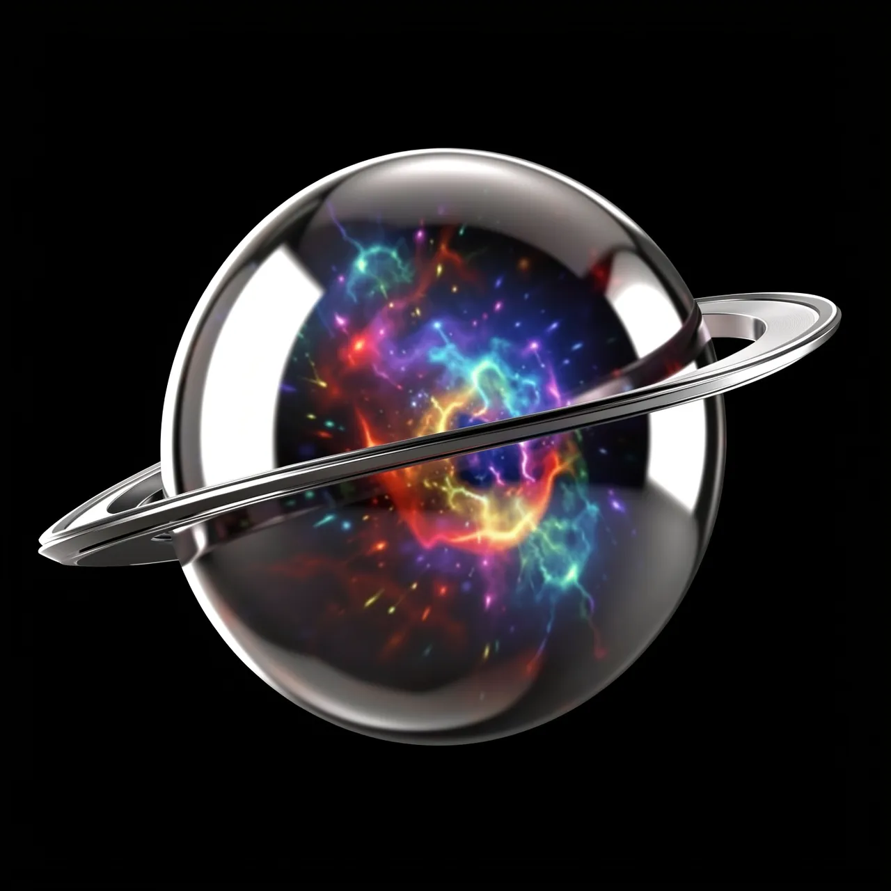Glossy chrome ringed planet reflecting a vivid colorful nebula against a black background