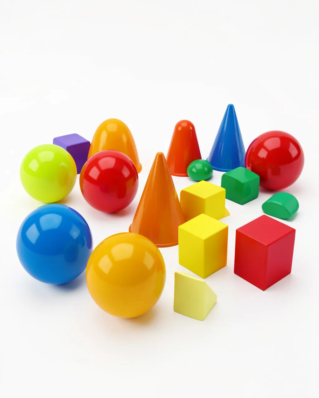 Arrangement of glossy 3D spheres, cones, and cubes in bright colors on a plain white surface