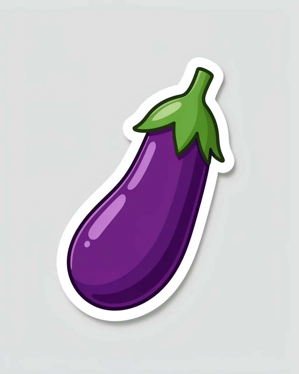 Cute glossy purple eggplant die cut sticker with a thick white border on a plain light gray background