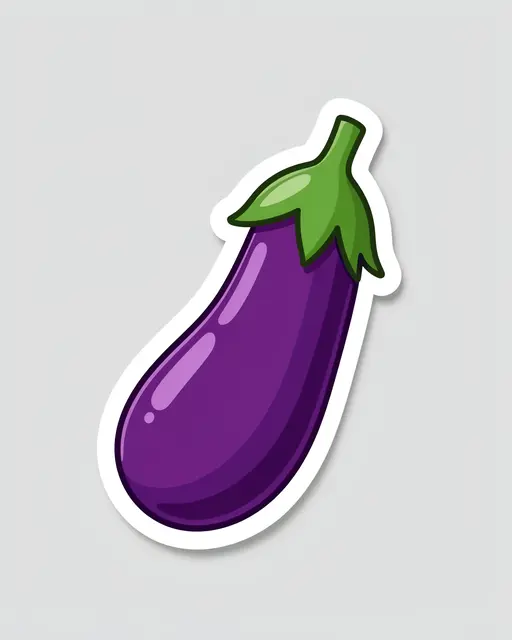 Cute glossy purple eggplant die cut sticker with a thick white border on a plain light gray background