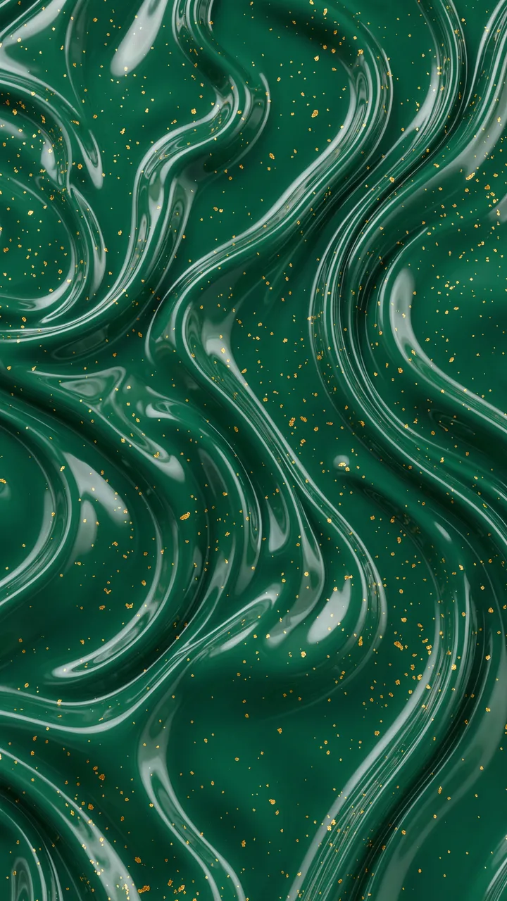 Vertical frame of swirling glossy emerald green liquid flecked with scattered gold particles