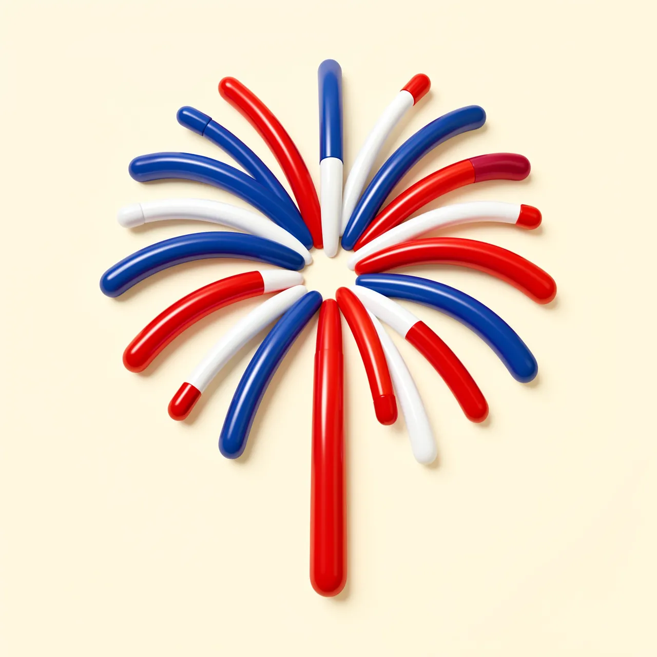 Glossy red, white and blue 3D firework icon centered on a solid cream background