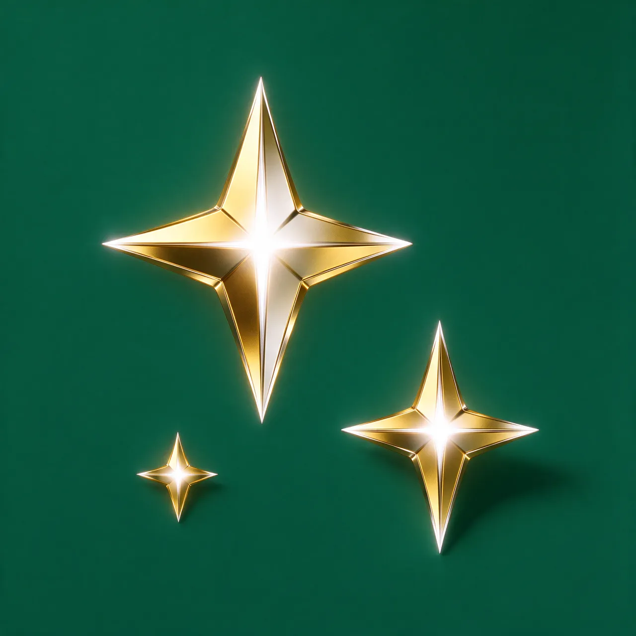 Three graduated size glossy four-pointed gold sparkle stars sit on a deep solid green background.