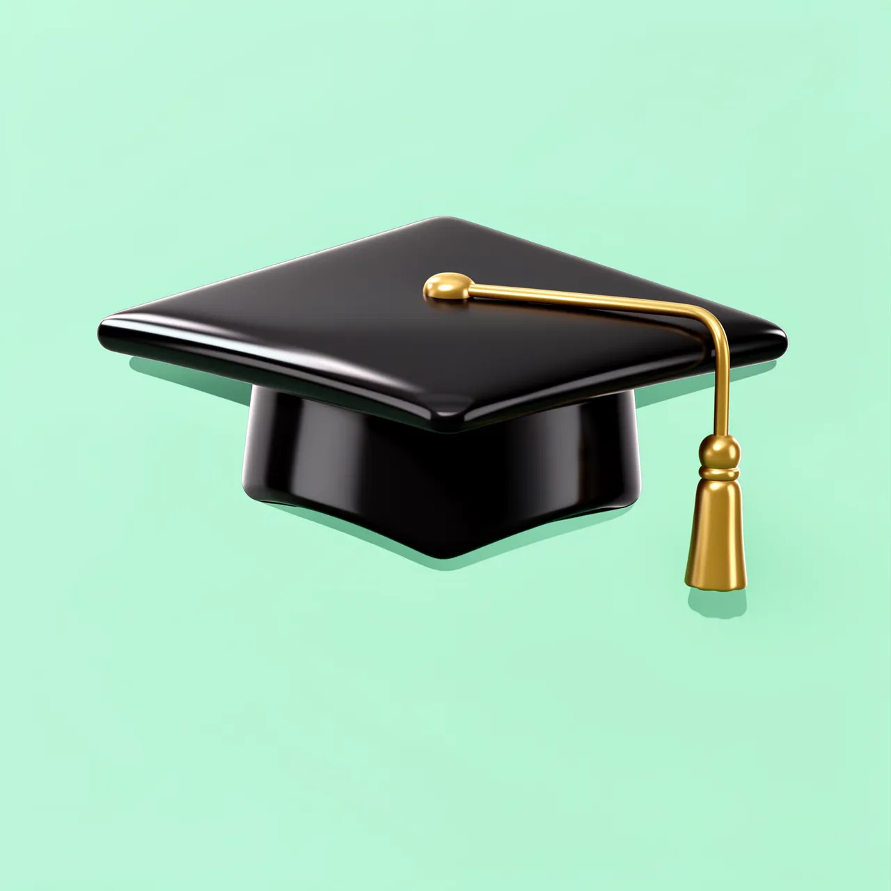 A glossy black graduation cap with a gold tassel sits on a soft mint green background.