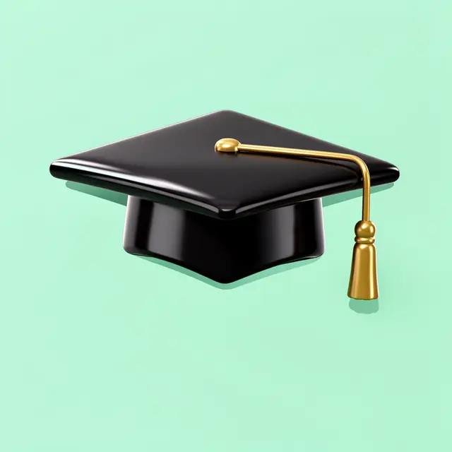 A glossy black graduation cap with a gold tassel sits on a soft mint green background.