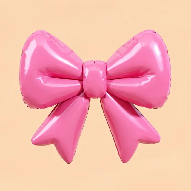 A puffy glossy inflatable pink ribbon bow floats against a pale peach background
