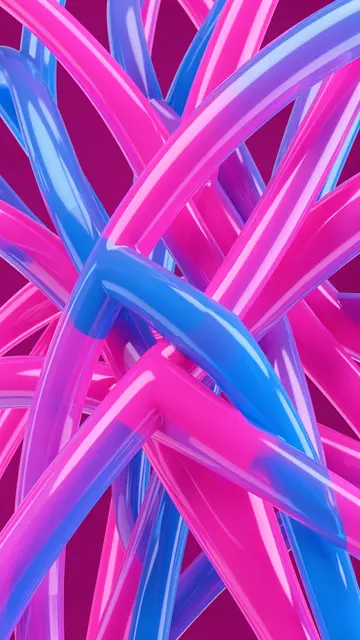 Vertical 3D render of glossy translucent pink and blue tubes weaving against a deep magenta background