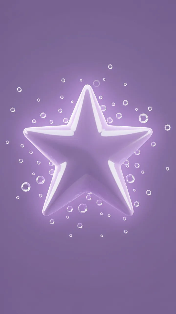 3D rendered glossy lavender five-pointed star with a soft glow surrounded by tiny clear bubbles on a solid purple background